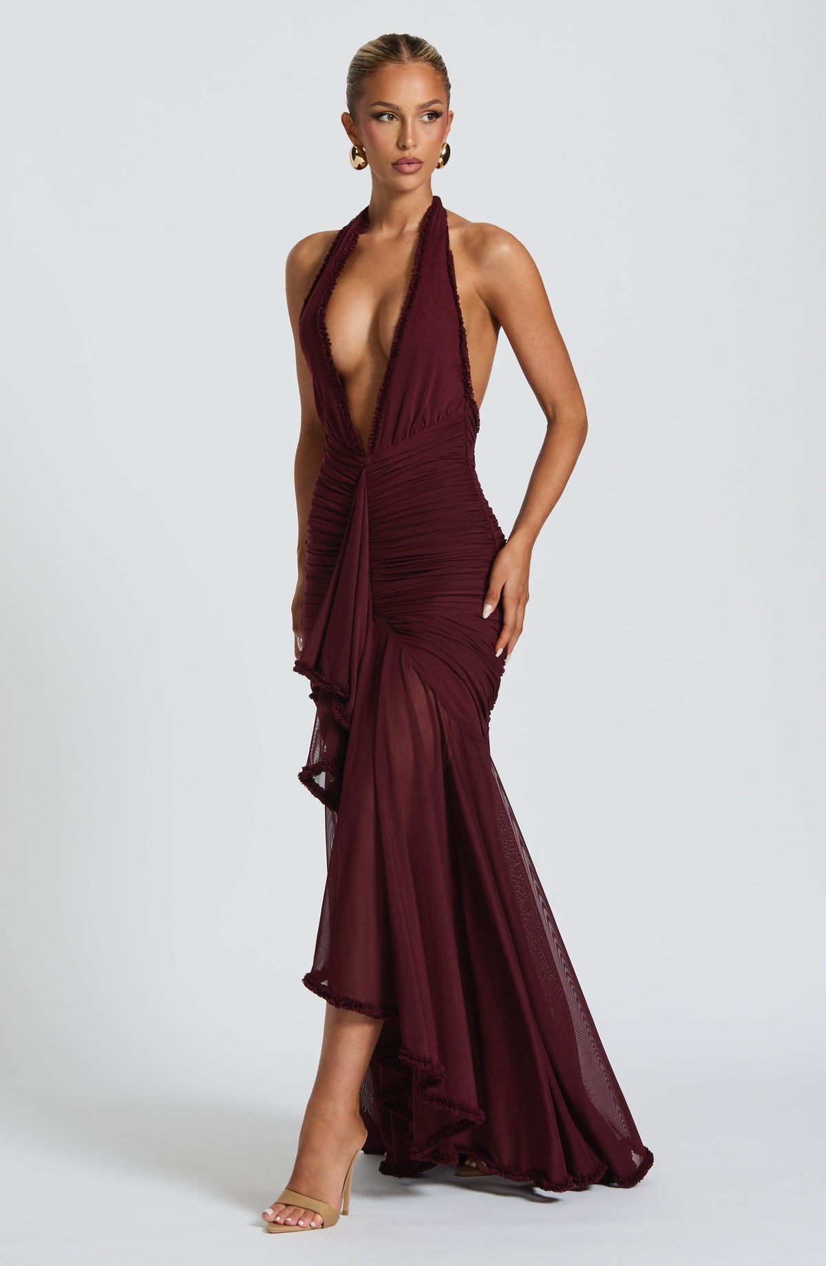 L.F Women's Dress Plunge Maxi Cherry Lacquer Stretch Mesh Evening