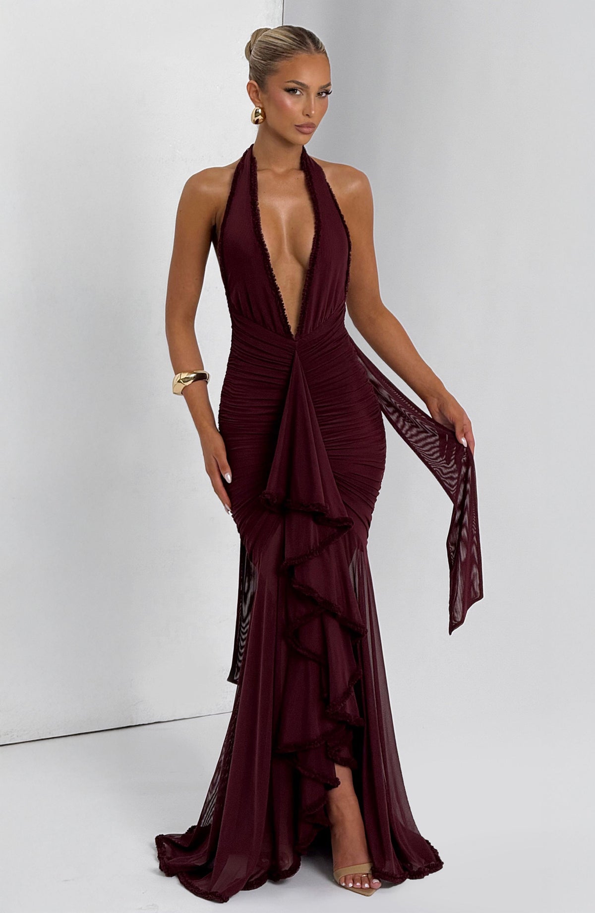 L.F Women's Dress Plunge Maxi Cherry Lacquer Stretch Mesh Evening