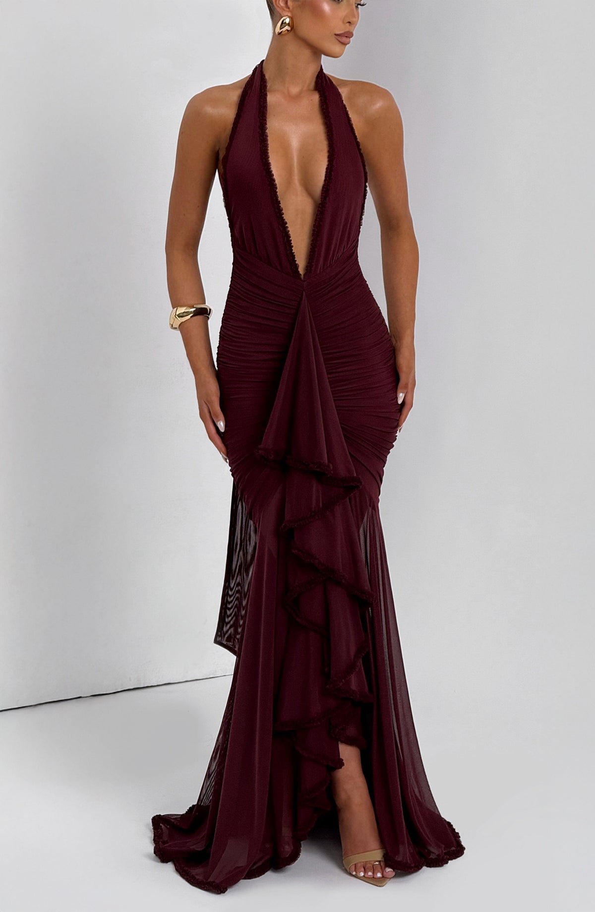L.F Women's Dress Plunge Maxi Cherry Lacquer Stretch Mesh Evening