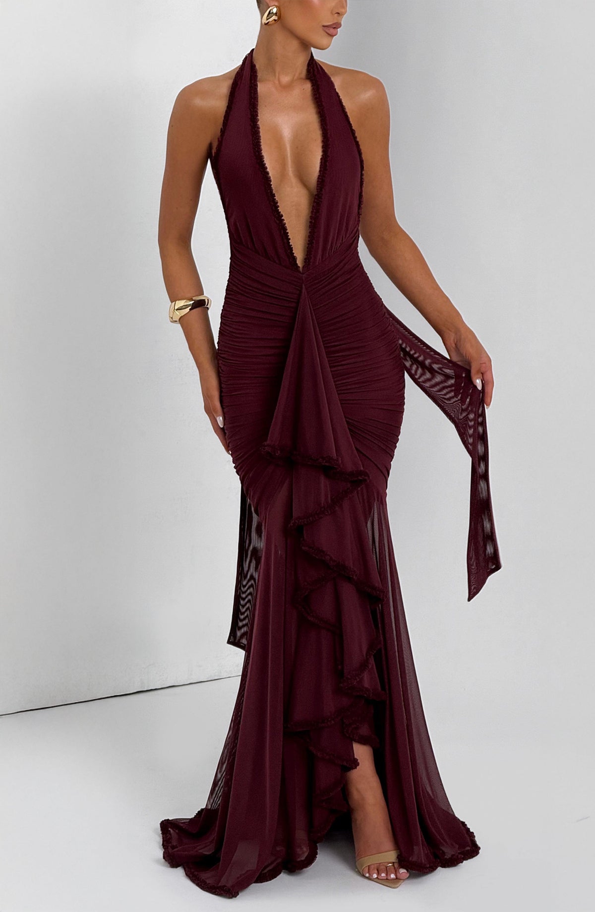 L.F Women's Dress Plunge Maxi Cherry Lacquer Stretch Mesh Evening