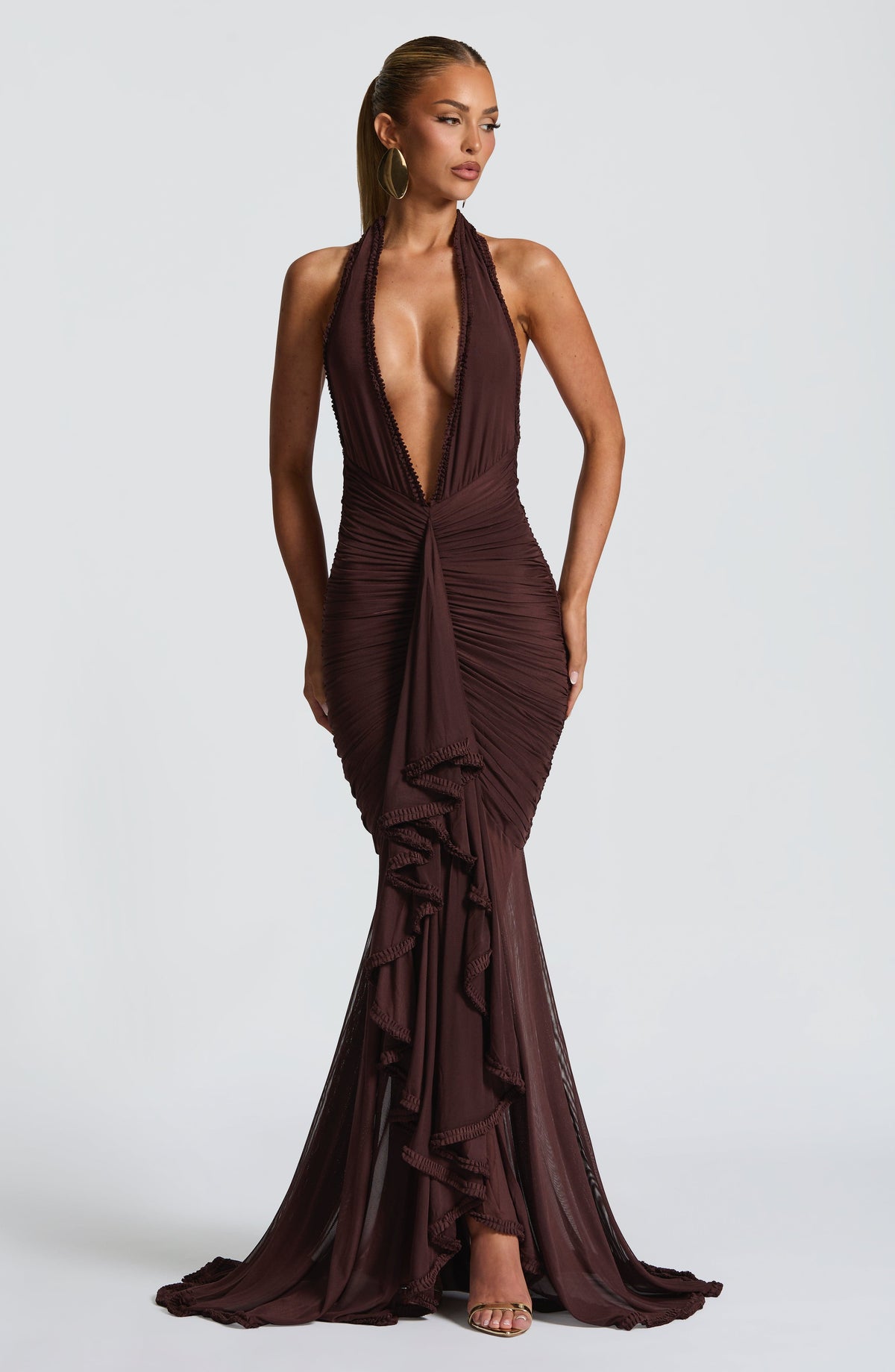 L.F Women's Dress Janessa Maxi Plum Brown Stretch Mesh Formal