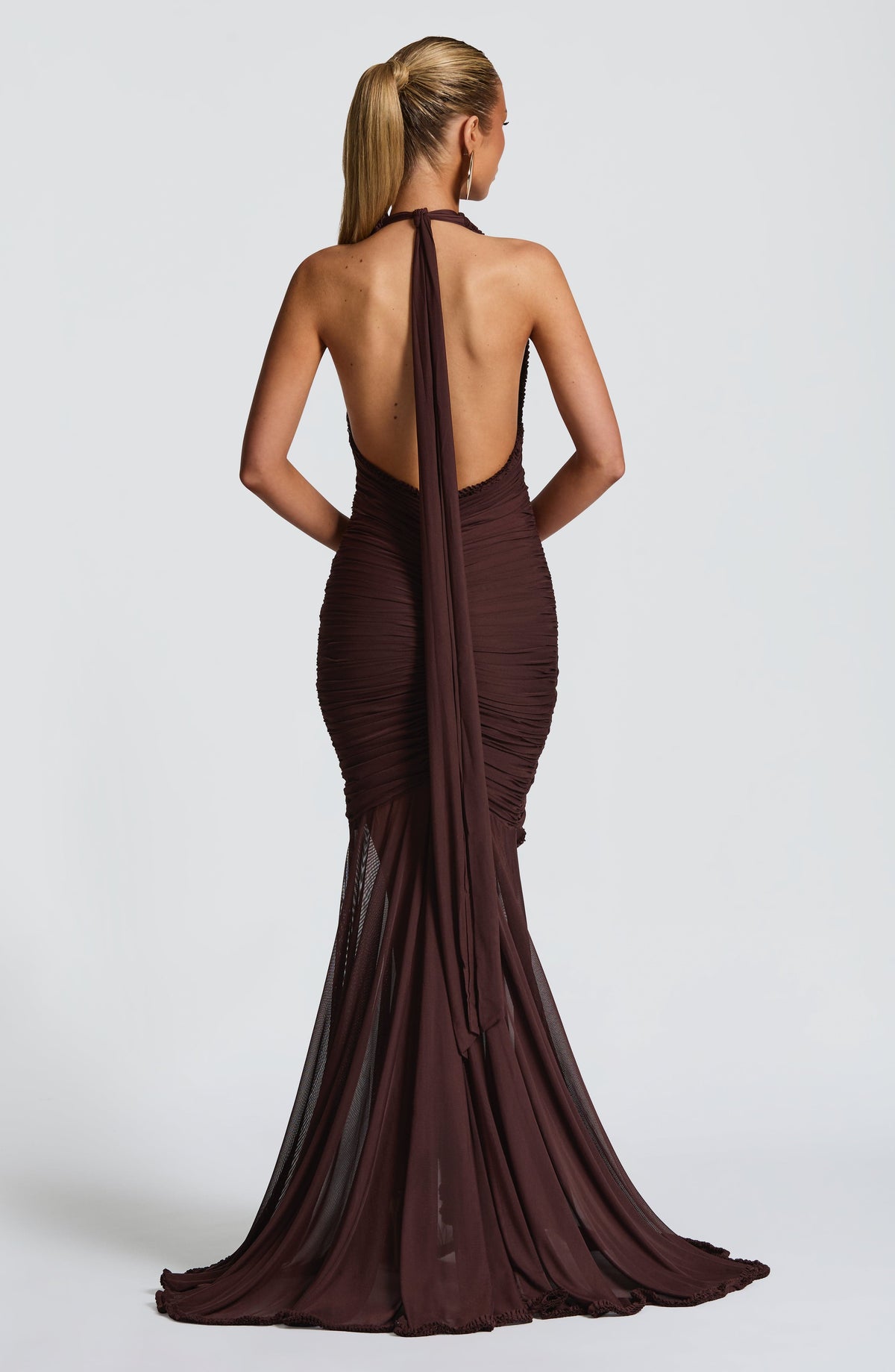 L.F Women's Dress Janessa Maxi Plum Brown Stretch Mesh Formal