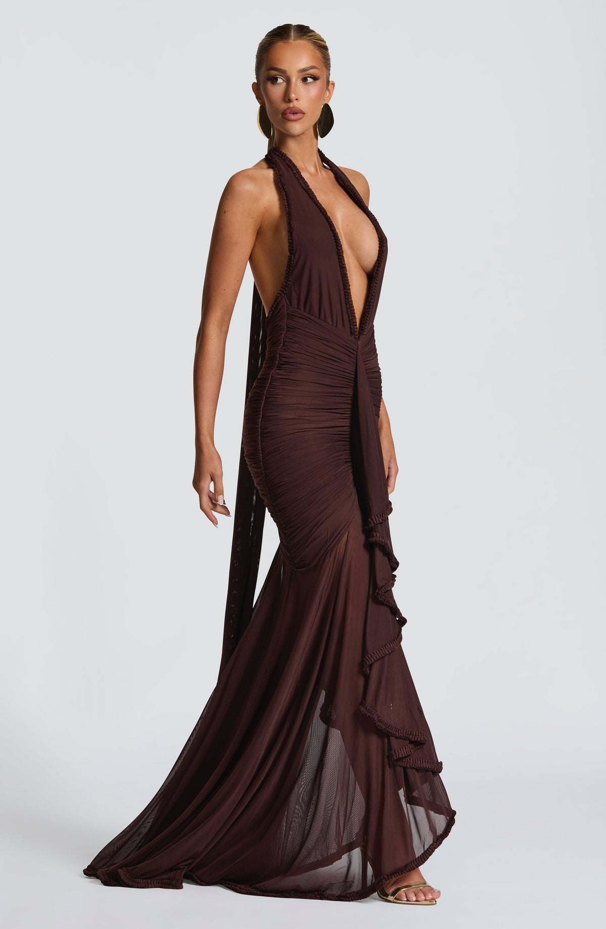 L.F Women's Dress Janessa Maxi Plum Brown Stretch Mesh Formal