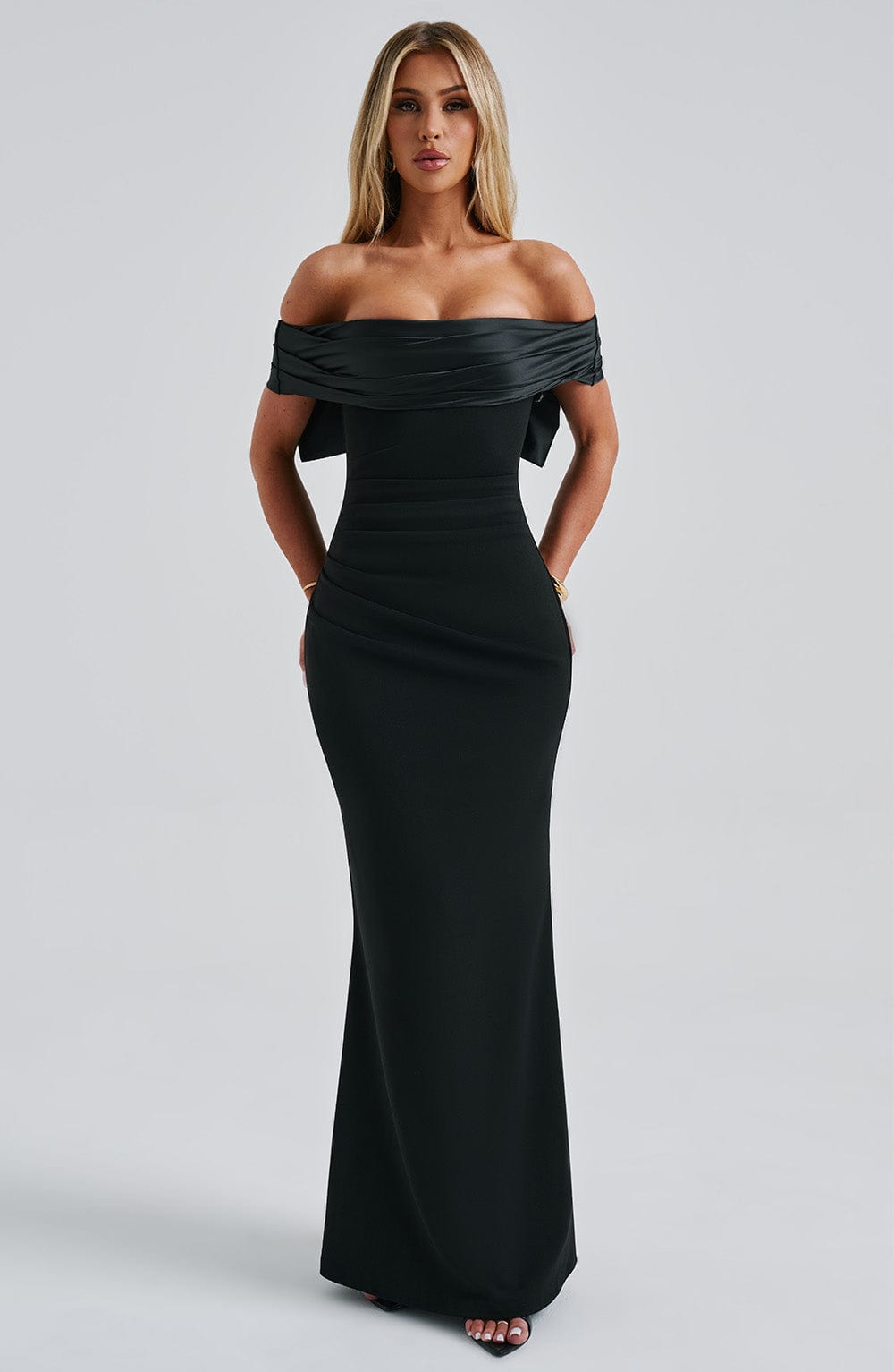 M.T Women's Dress Bardot Black Satin Crepe Formal