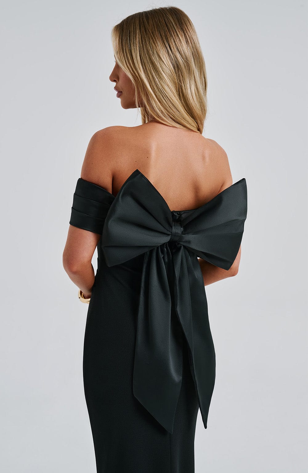M.T Women's Dress Bardot Black Satin Crepe Formal