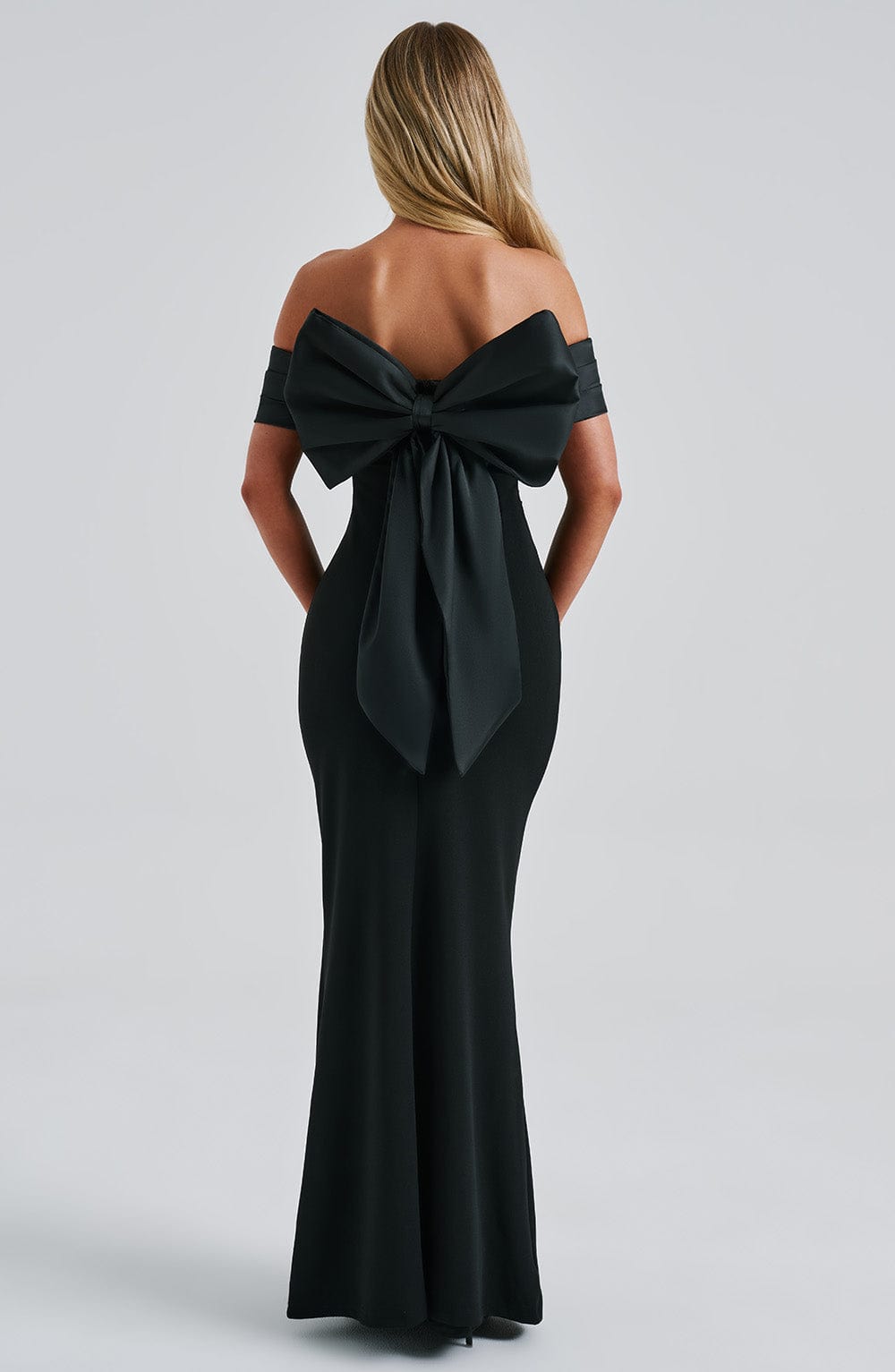 M.T Women's Dress Bardot Black Satin Crepe Formal