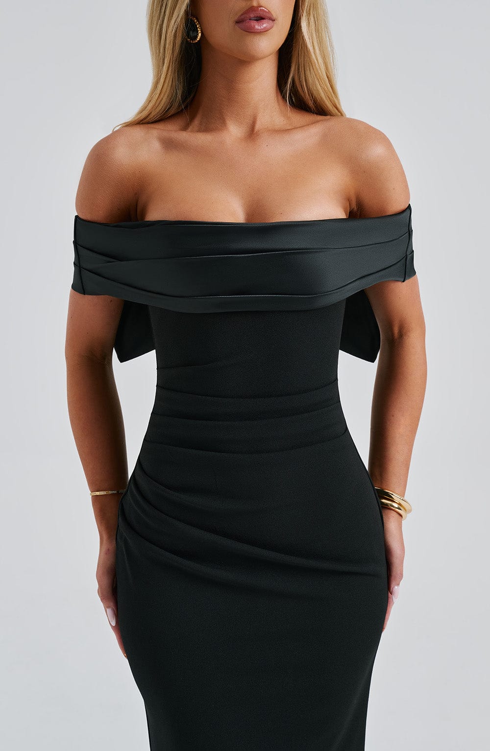 M.T Women's Dress Bardot Black Satin Crepe Formal