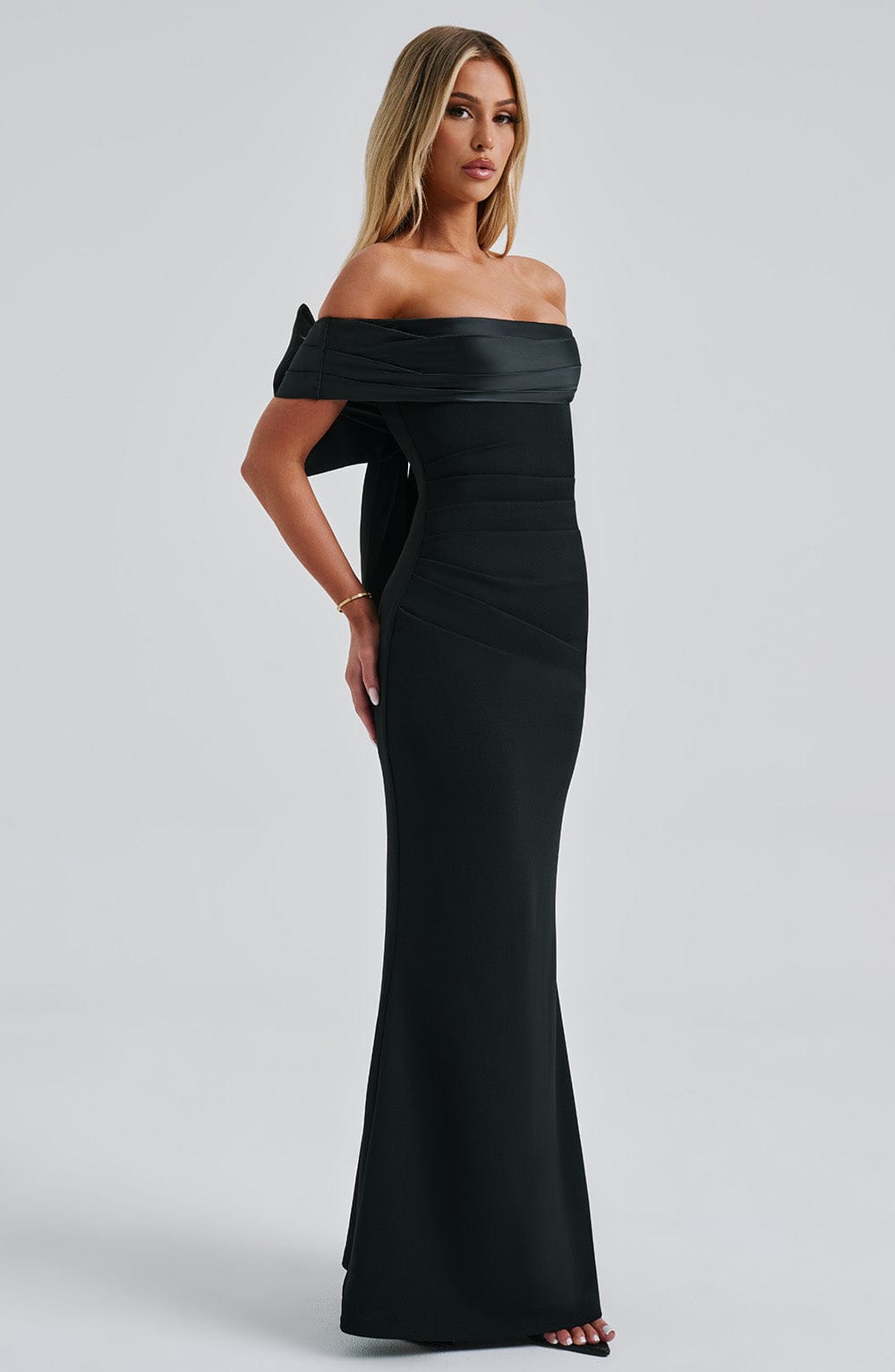 M.T Women's Dress Bardot Black Satin Crepe Formal