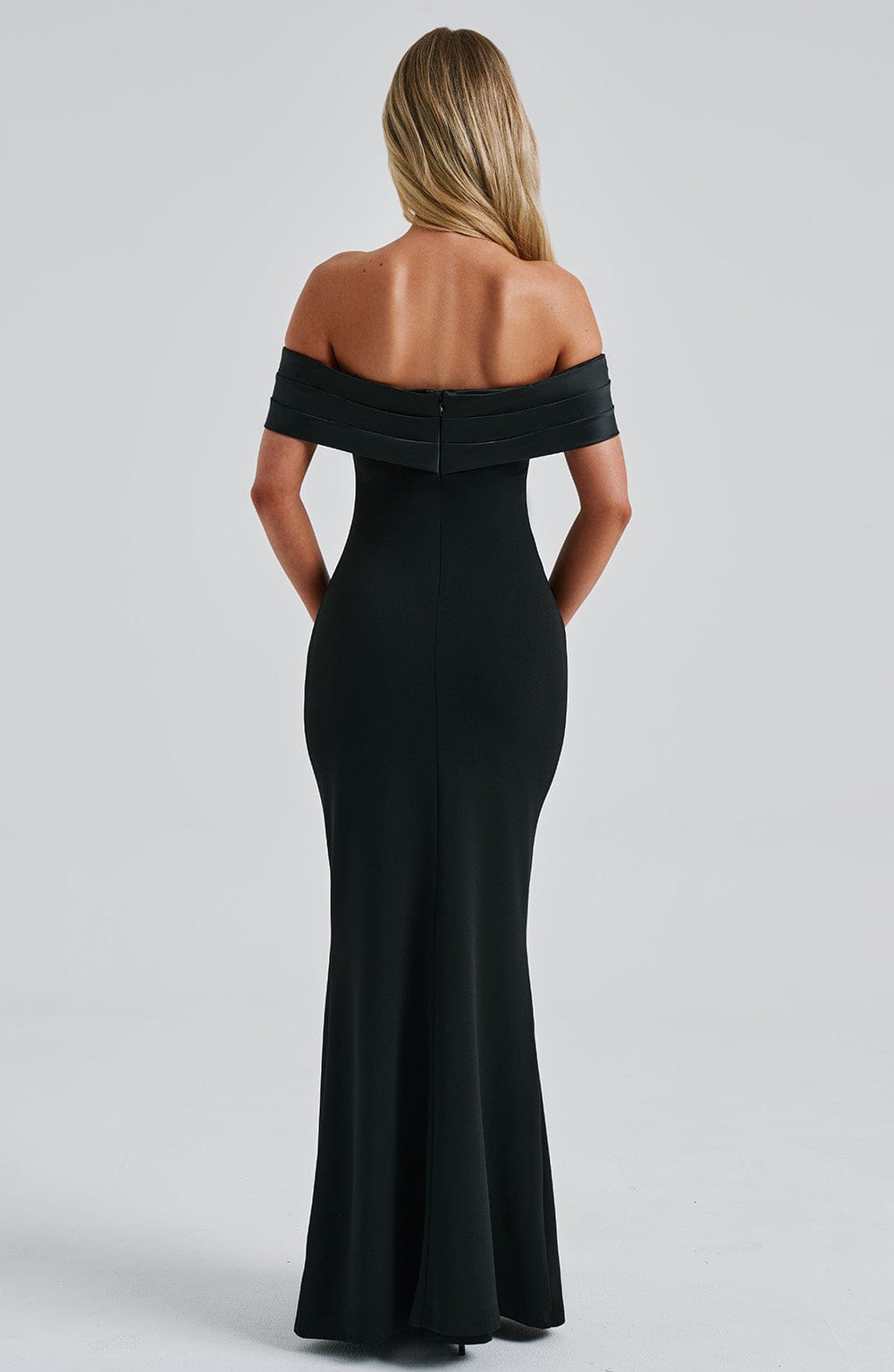M.T Women's Dress Bardot Black Satin Crepe Formal