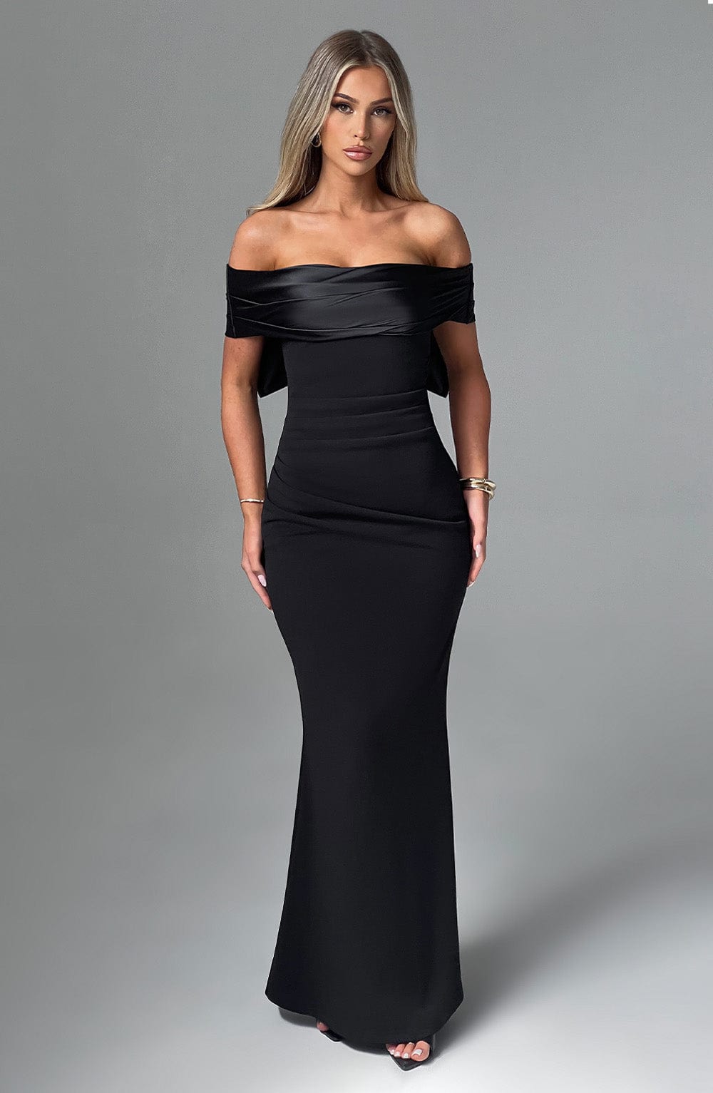 M.T Women's Dress Bardot Black Satin Crepe Formal