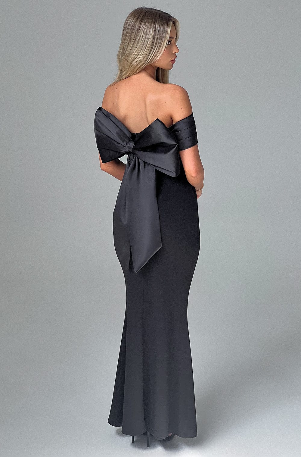 M.T Women's Dress Bardot Black Satin Crepe Formal
