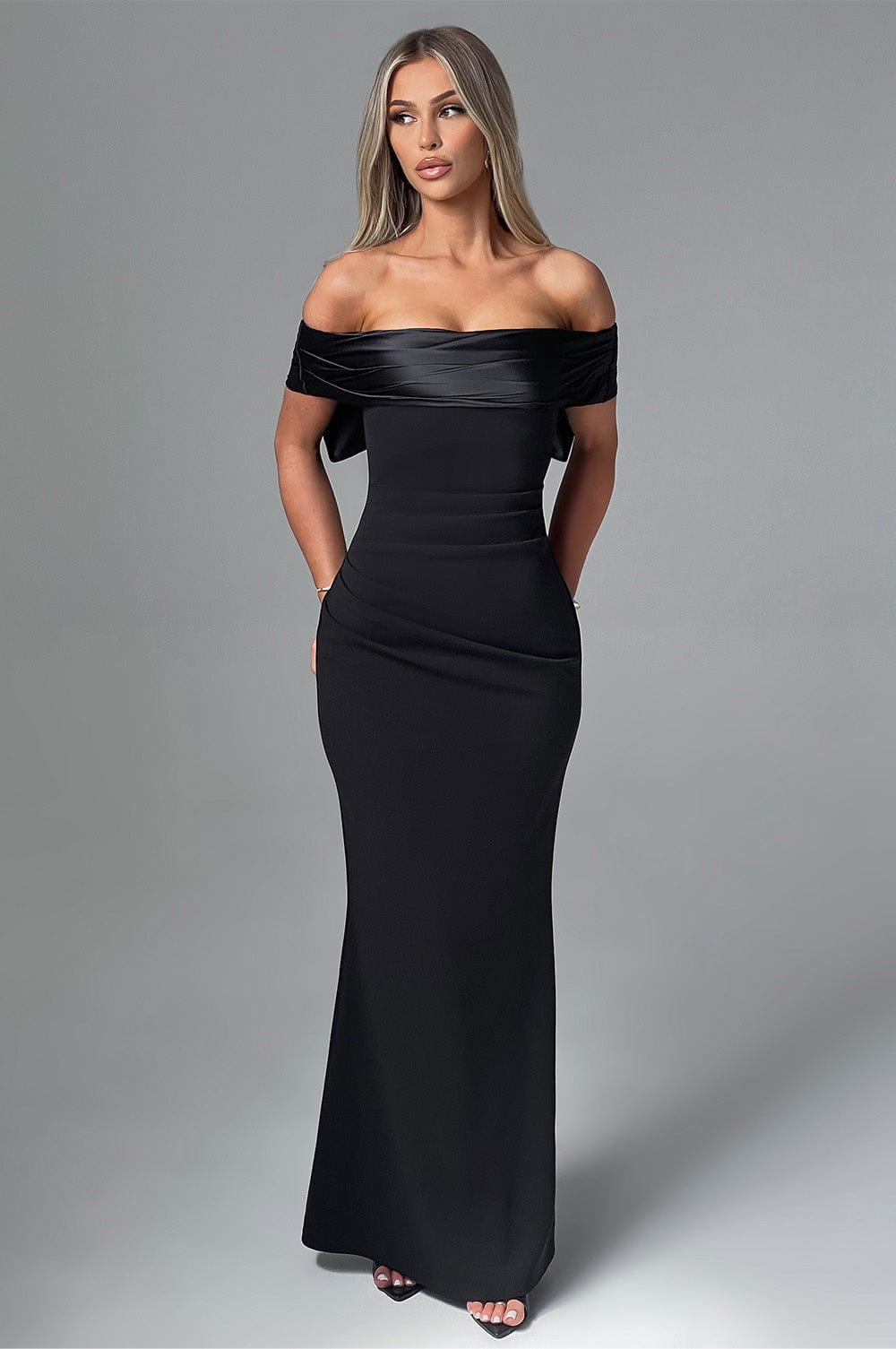 M.T Women's Dress Bardot Black Satin Crepe Formal