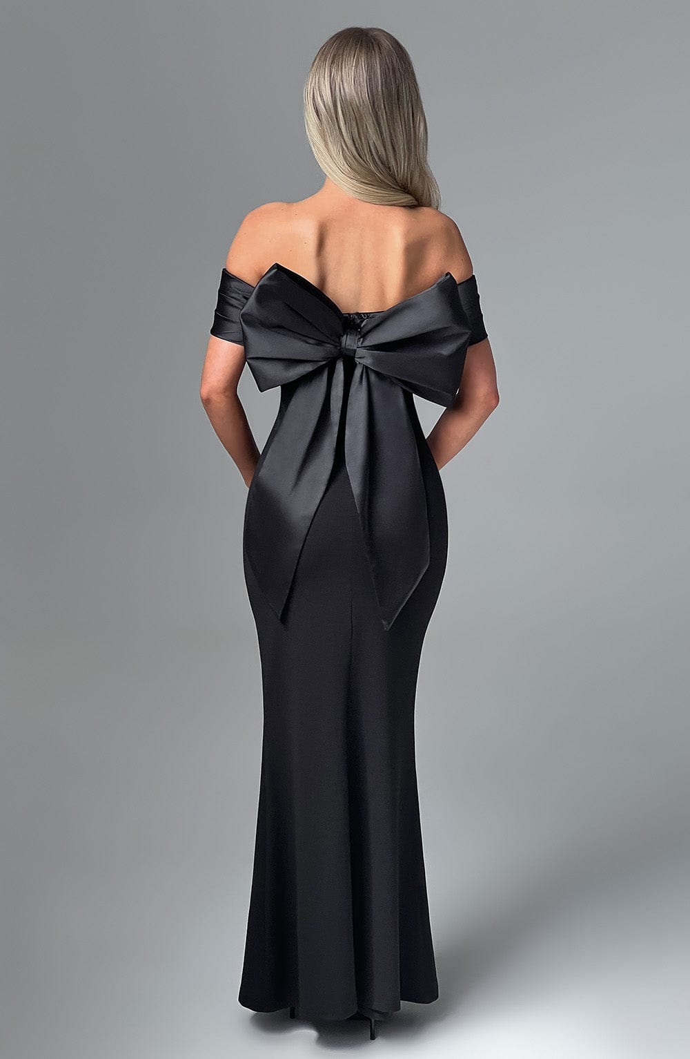 M.T Women's Dress Bardot Black Satin Crepe Formal