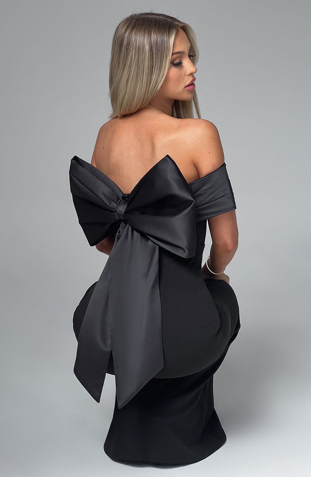 M.T Women's Dress Bardot Black Satin Crepe Formal