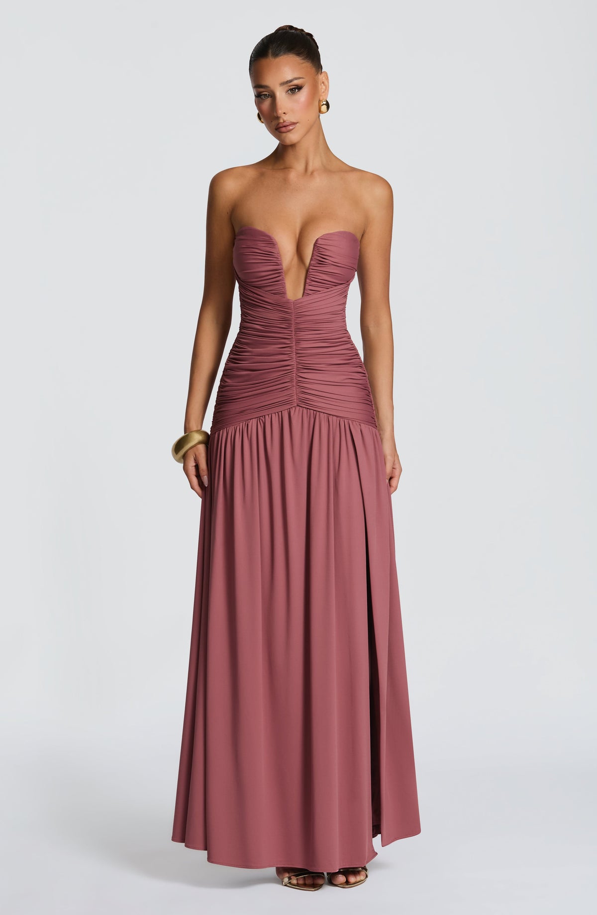 DIA Women's Dress Strapless Ruched Rose Brown Jersey Evening