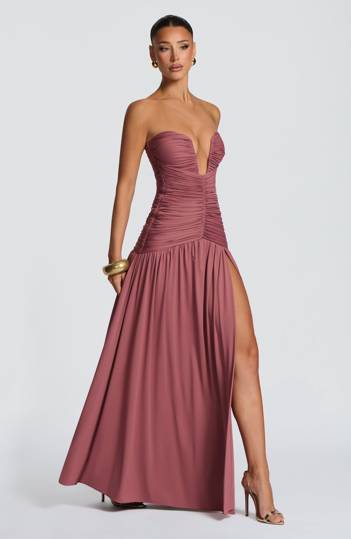 DIA Women's Dress Strapless Ruched Rose Brown Jersey Evening
