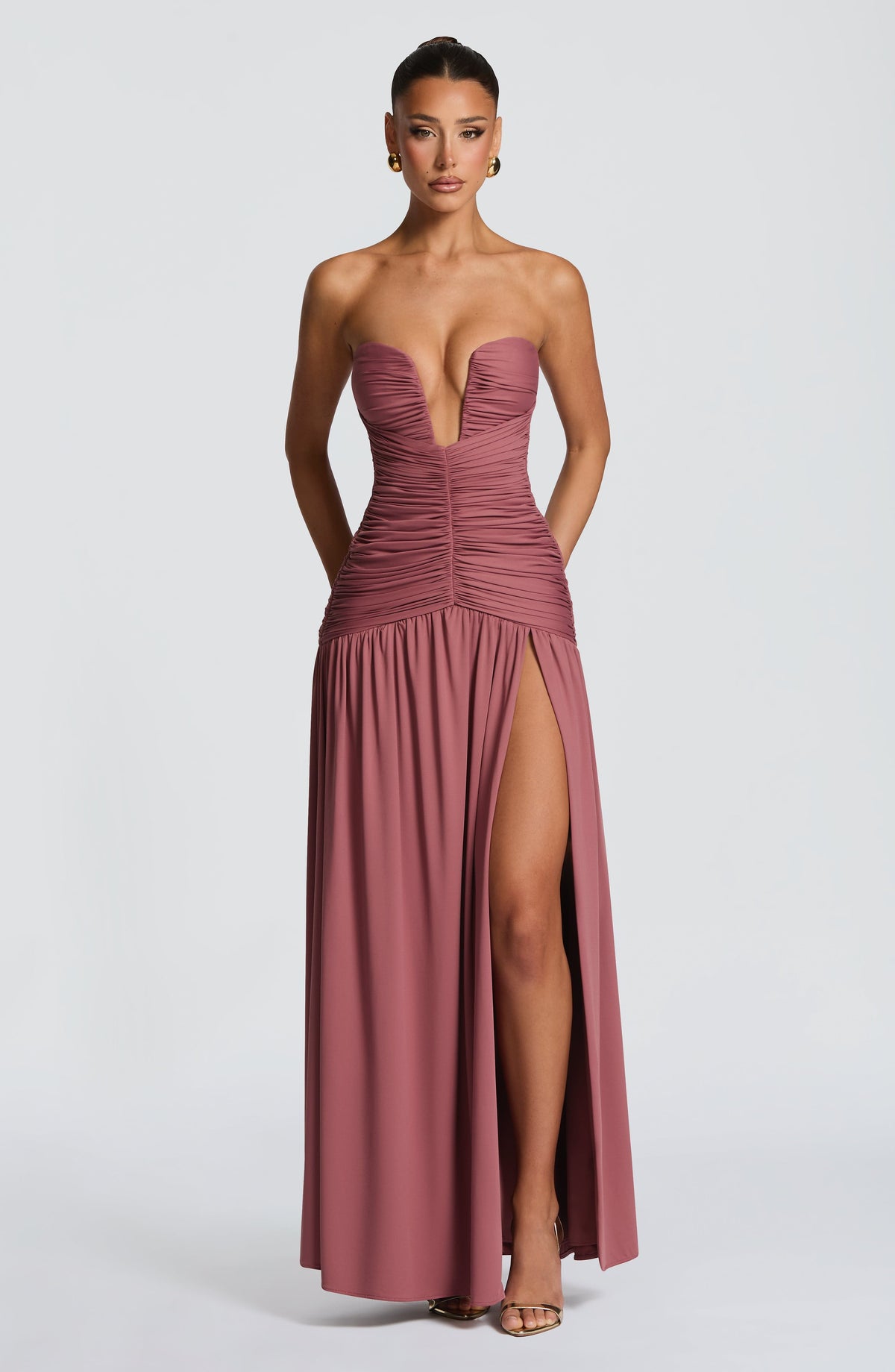 DIA Women's Dress Strapless Ruched Rose Brown Jersey Evening