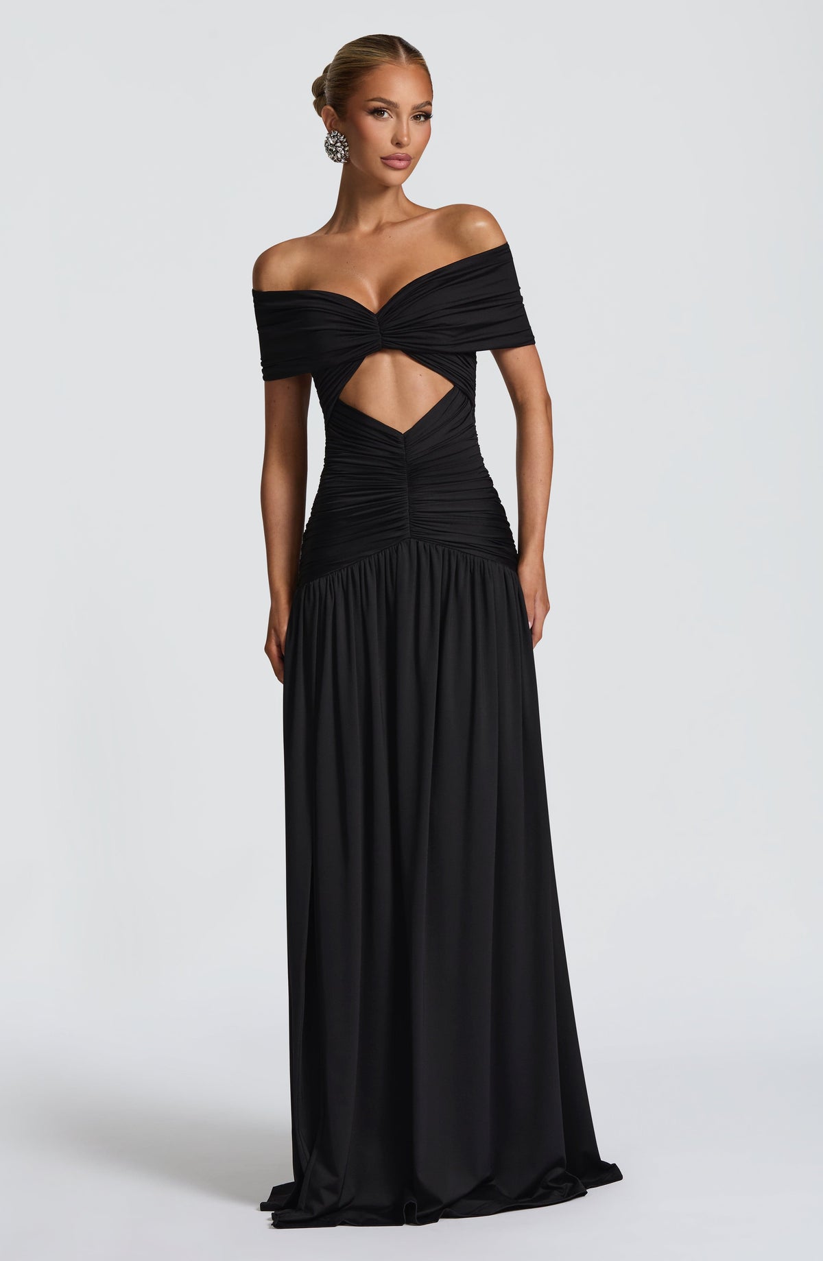 DIA Women's Dress Maxi Kathryn Bardot Cutout Black Slinky Jersey Formal Party