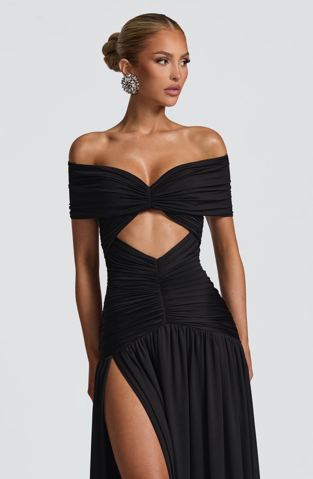 DIA Women's Dress Maxi Kathryn Bardot Cutout Black Slinky Jersey Formal Party