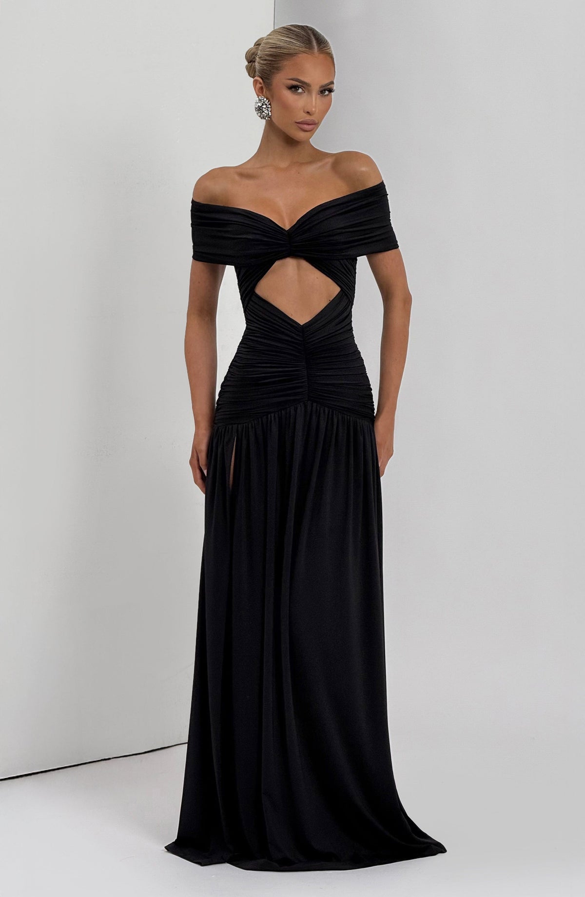 DIA Women's Dress Maxi Kathryn Bardot Cutout Black Slinky Jersey Formal Party