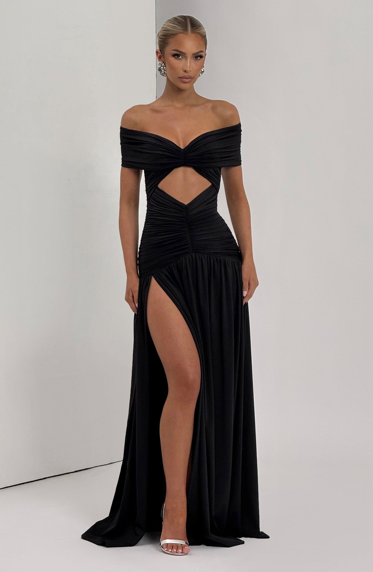 DIA Women's Dress Maxi Kathryn Bardot Cutout Black Slinky Jersey Formal Party