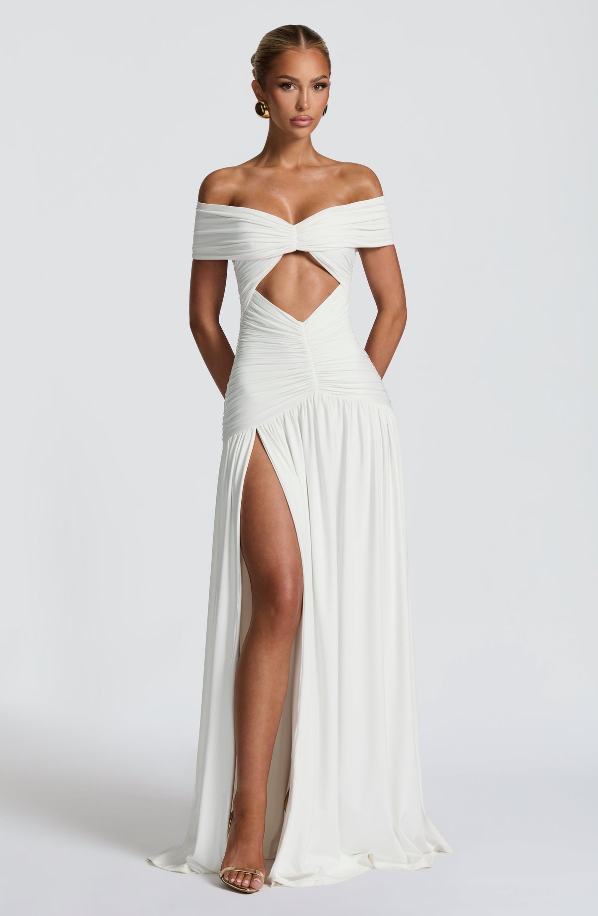 DIA Women's Dress Bardot Maxi White Ruched Jersey Formal Party