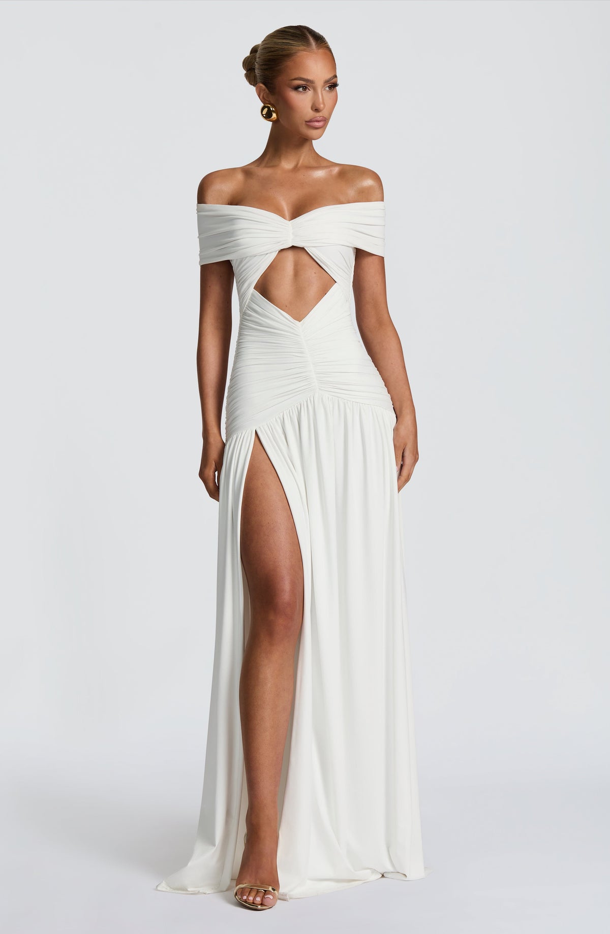 DIA Women's Dress Bardot Maxi White Ruched Jersey Formal Party