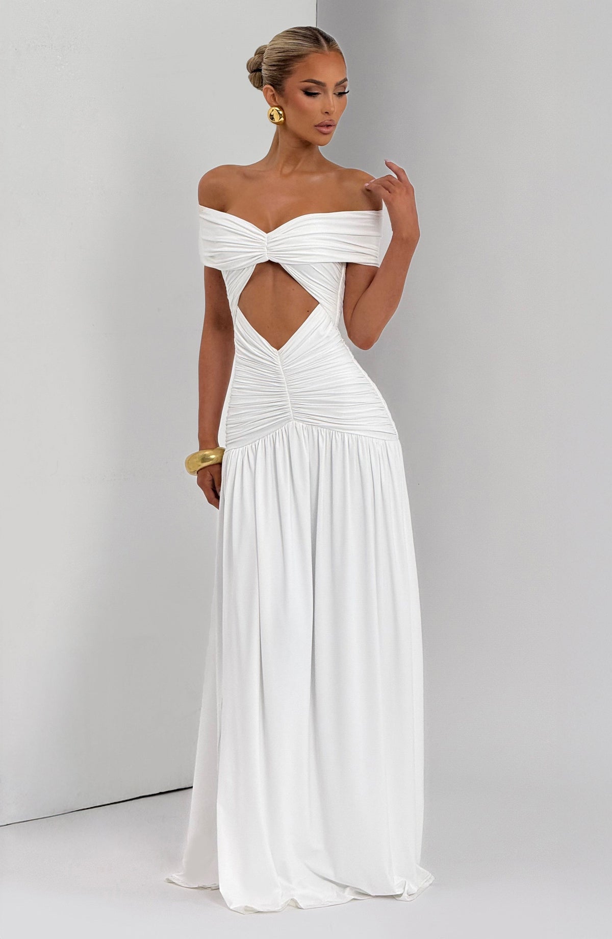 DIA Women's Dress Bardot Maxi White Ruched Jersey Formal Party