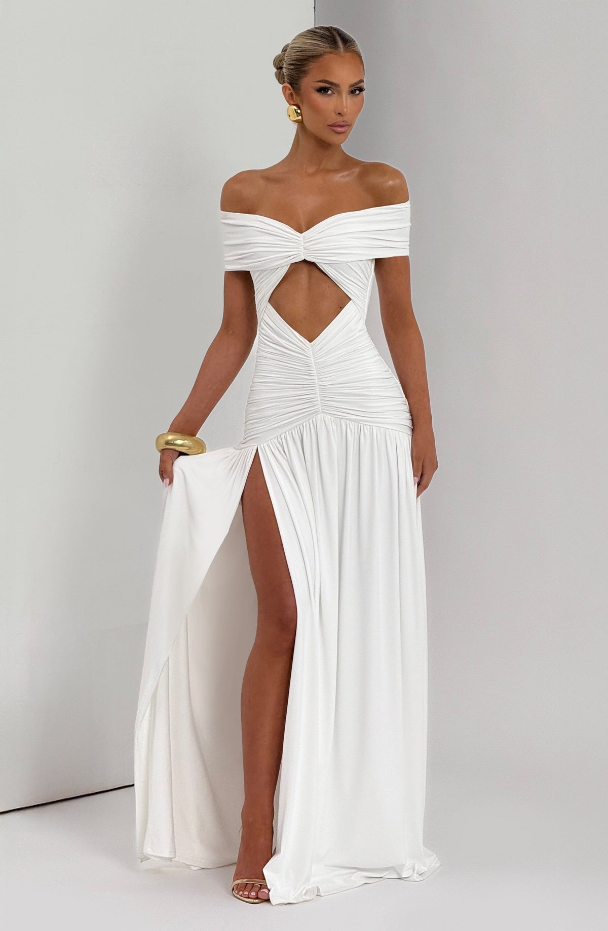 DIA Women's Dress Bardot Maxi White Ruched Jersey Formal Party
