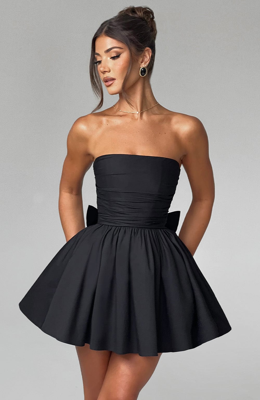 T.X Women's Dress Ruched Mini Black Cotton Bow Party