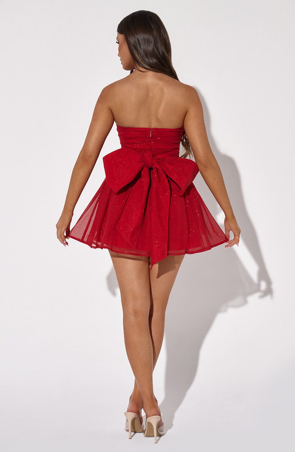 L.F Women's Dress Strapless Corset Bubble Hem Red Sparkle Sequin Party