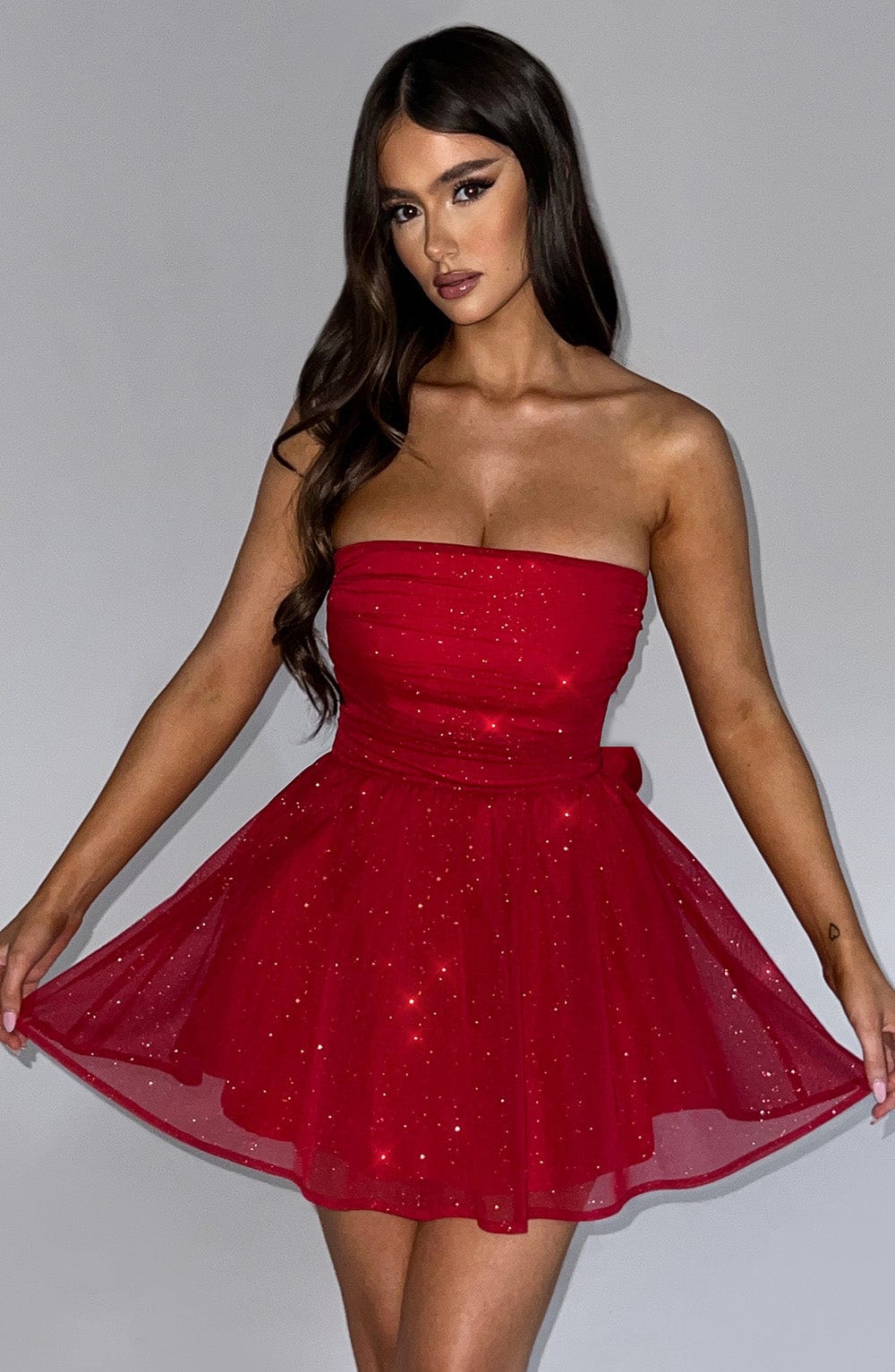 L.F Women's Dress Strapless Corset Bubble Hem Red Sparkle Sequin Party