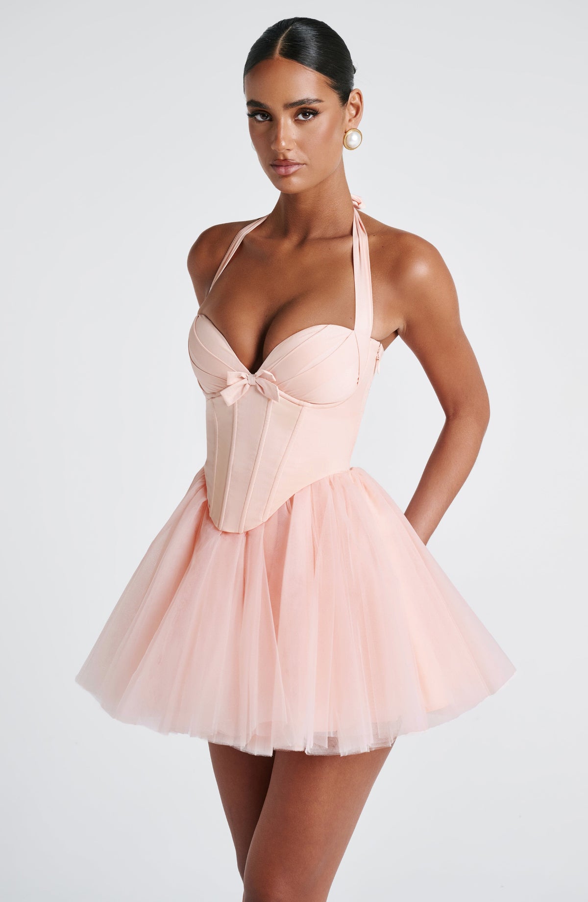 M.T Women's Dress Keely Corset Mini Soft Peach Tulle Party