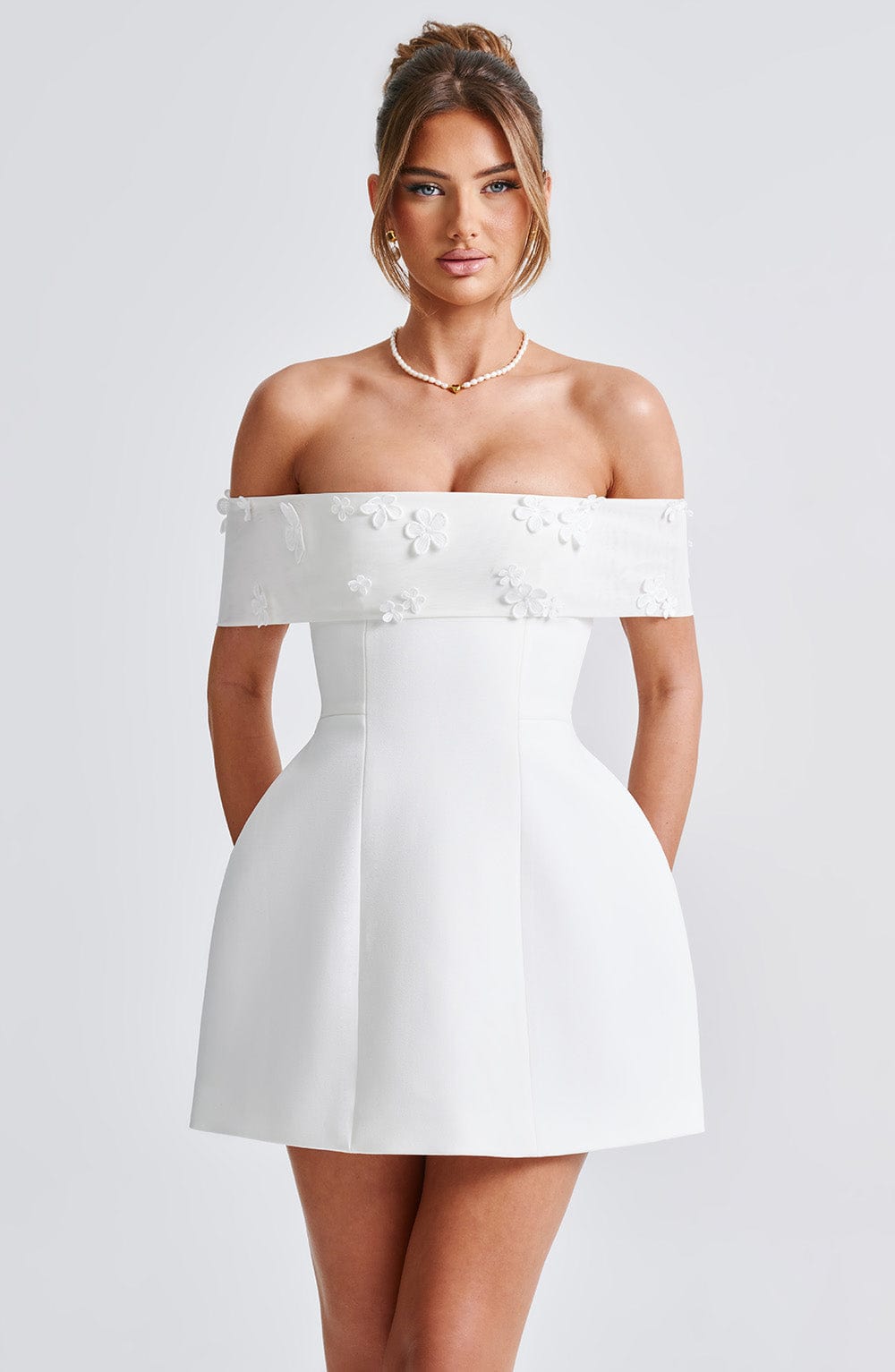 R.F Women's Dress Laurel Bardot Ivory Crepe Mesh Party
