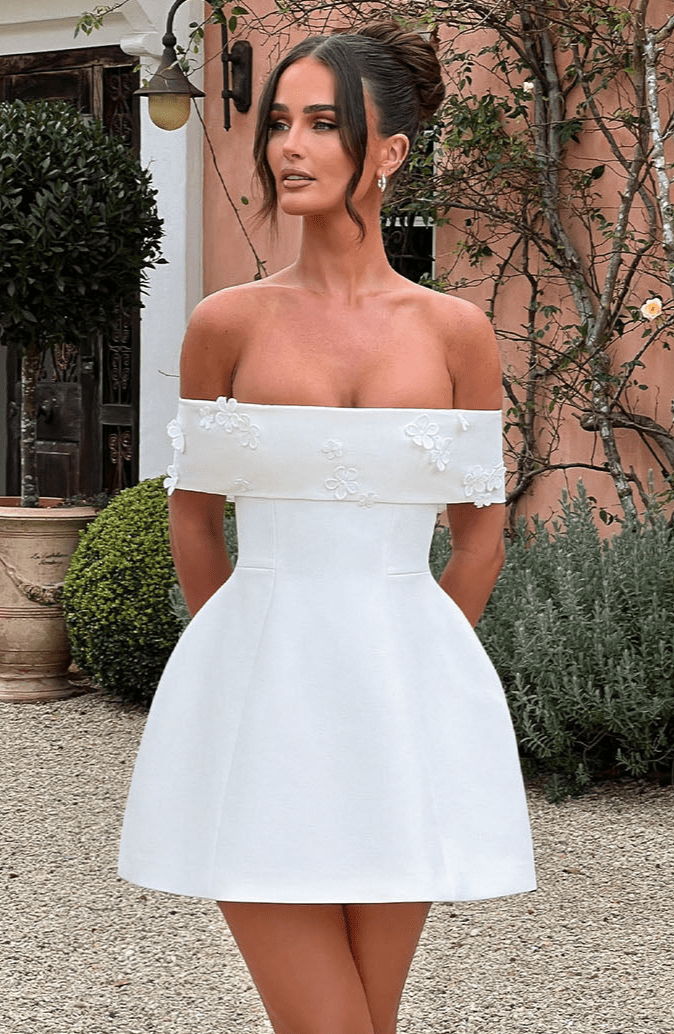 R.F Women's Dress Laurel Bardot Ivory Crepe Mesh Party