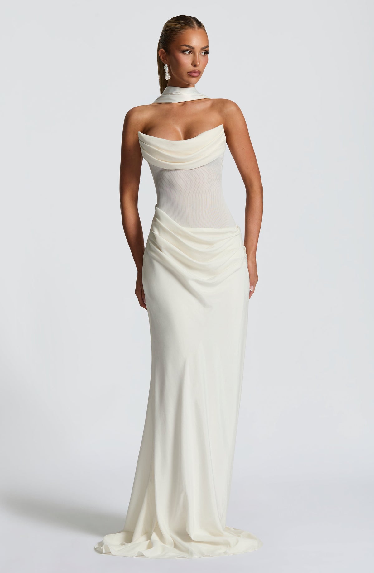 Women's Dress Cowl Neck Ivory Mesh Bridal Evening