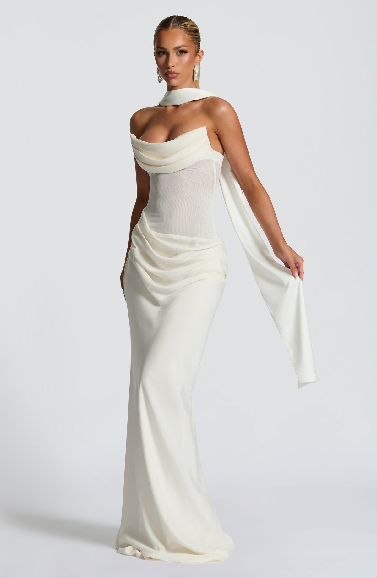 Women's Dress Cowl Neck Ivory Mesh Bridal Evening
