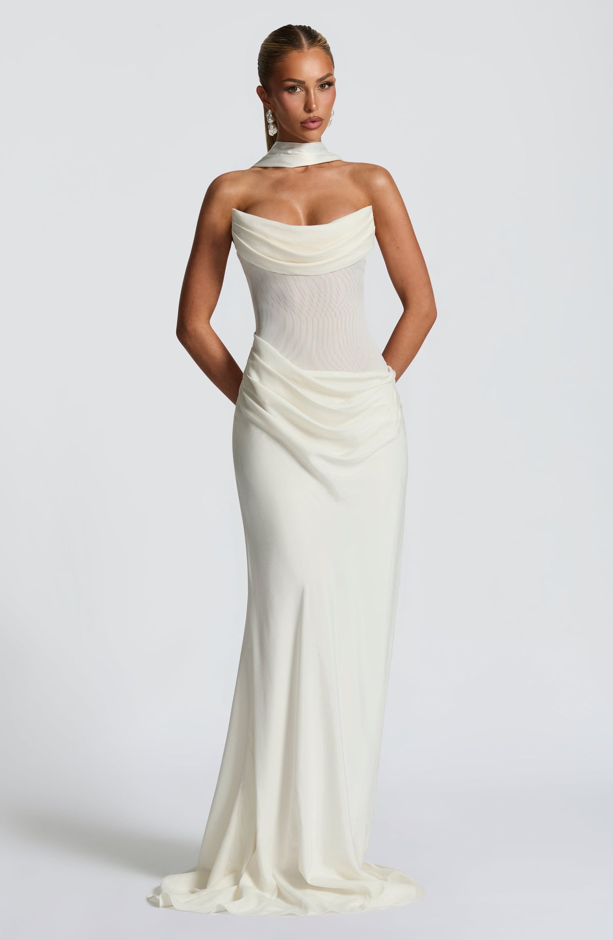 Women's Dress Cowl Neck Ivory Mesh Bridal Evening