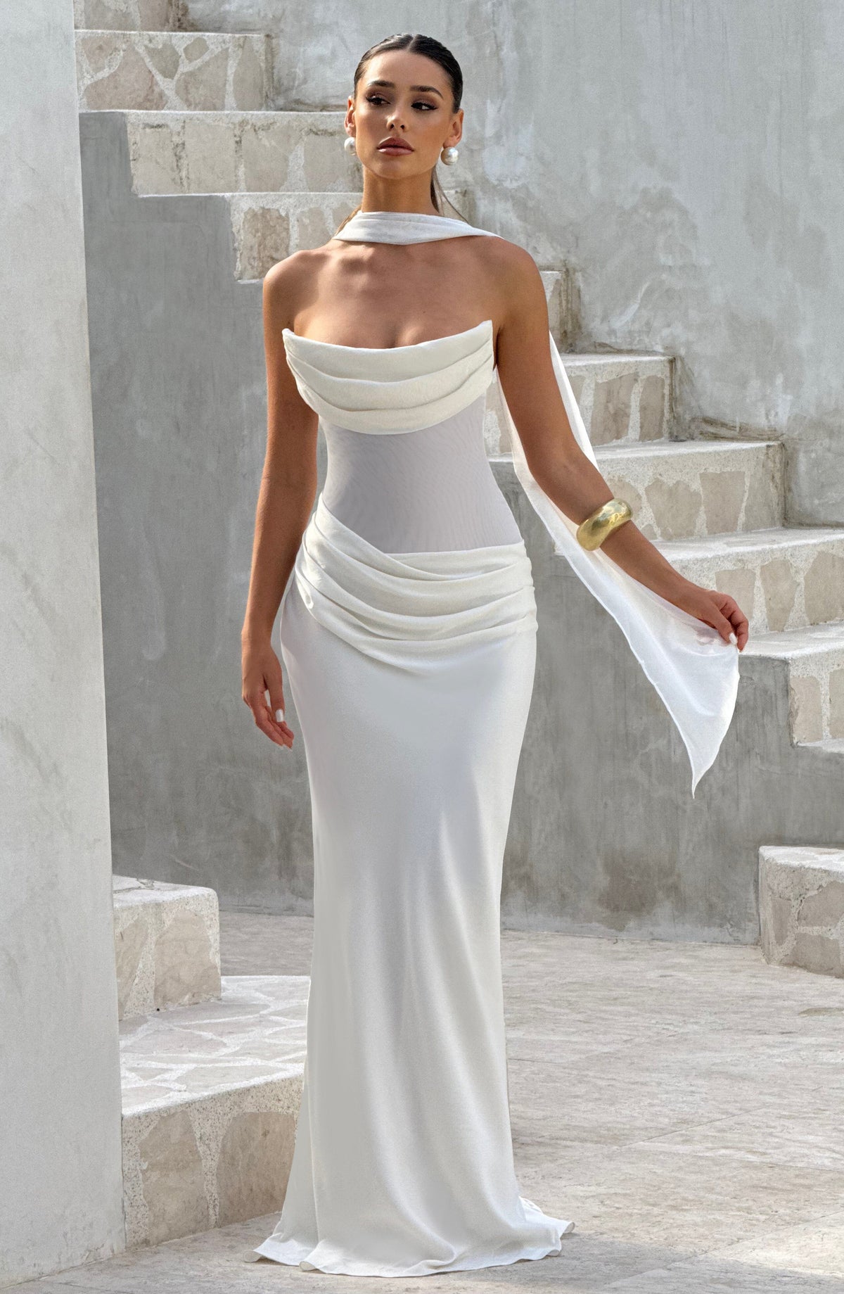 Women's Dress Cowl Neck Ivory Mesh Bridal Evening