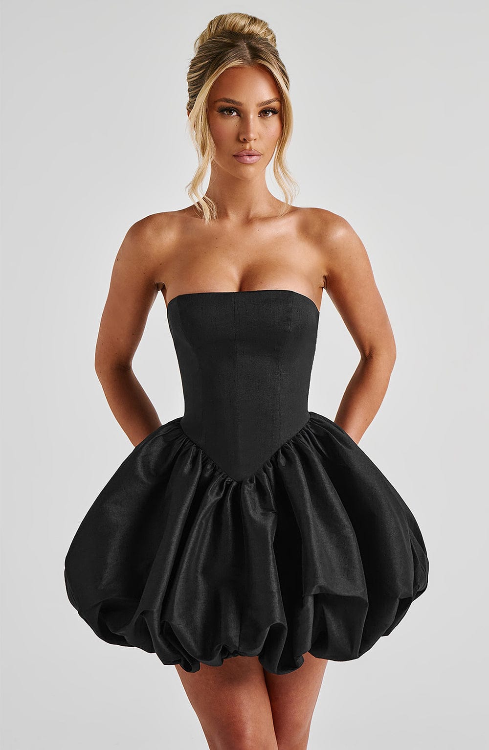 S.M Women's Dress Strapless Lotus Black Taffeta Bow Party