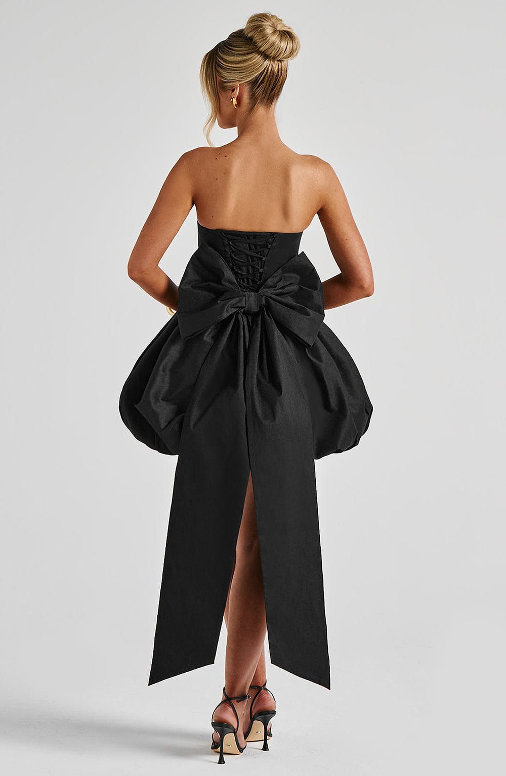 S.M Women's Dress Strapless Lotus Black Taffeta Bow Party