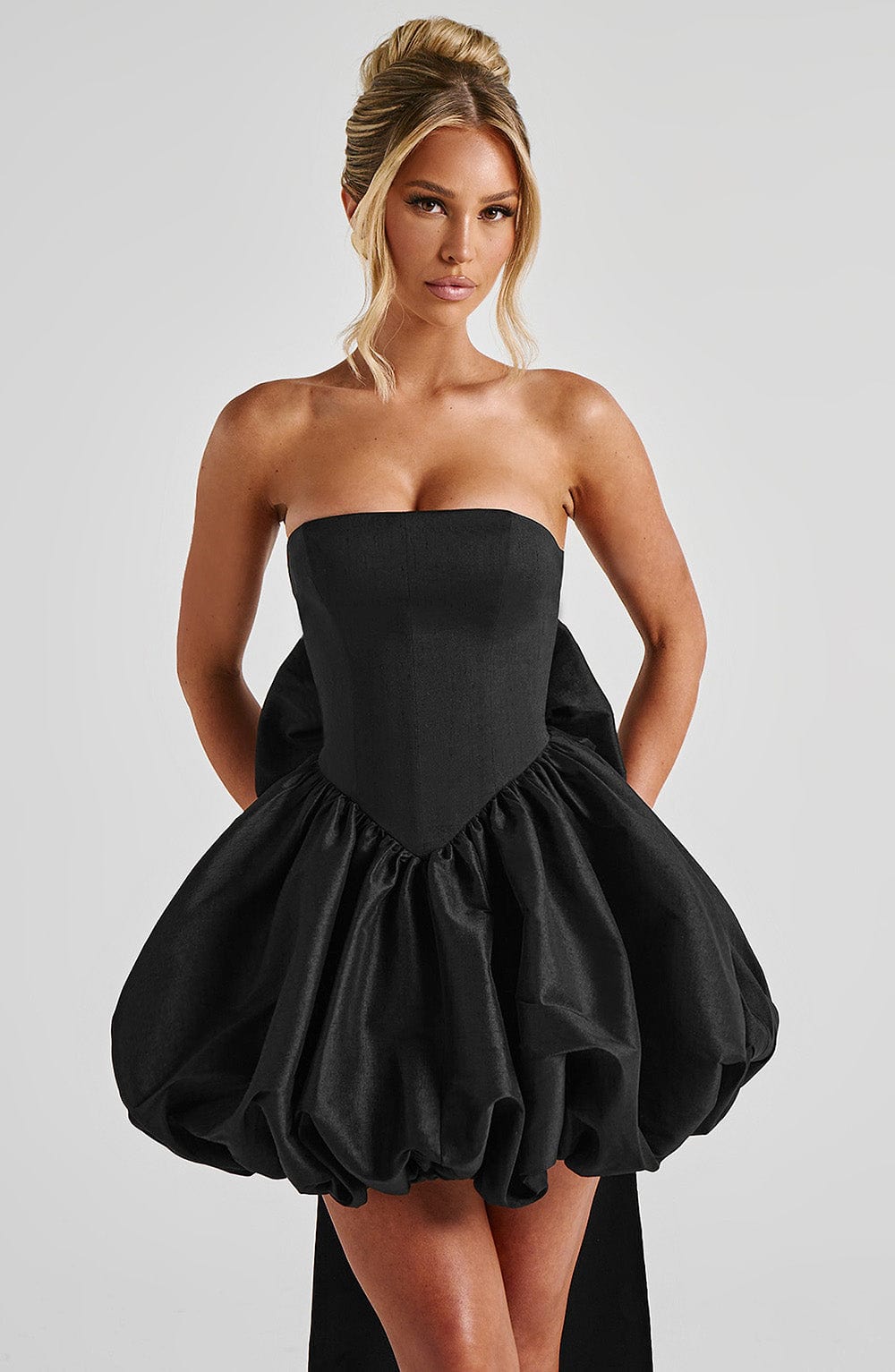 S.M Women's Dress Strapless Lotus Black Taffeta Bow Party