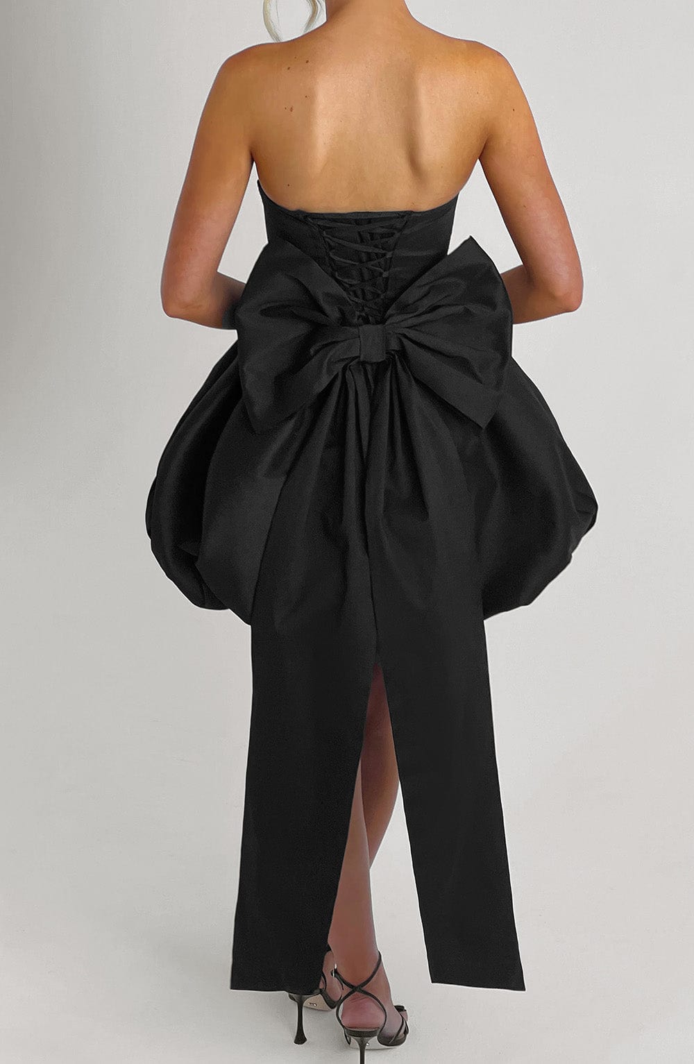 S.M Women's Dress Strapless Lotus Black Taffeta Bow Party