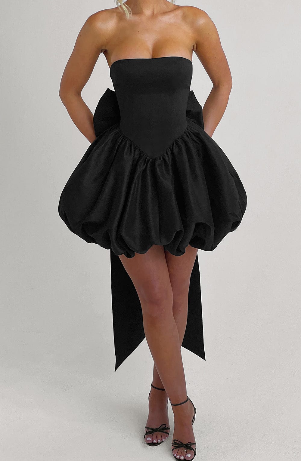S.M Women's Dress Strapless Lotus Black Taffeta Bow Party