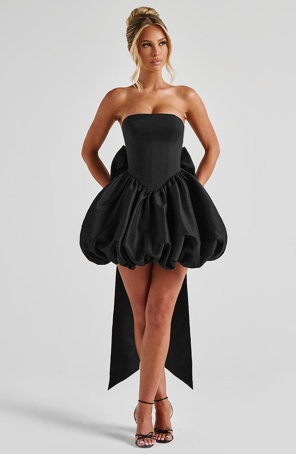 S.M Women's Dress Strapless Lotus Black Taffeta Bow Party