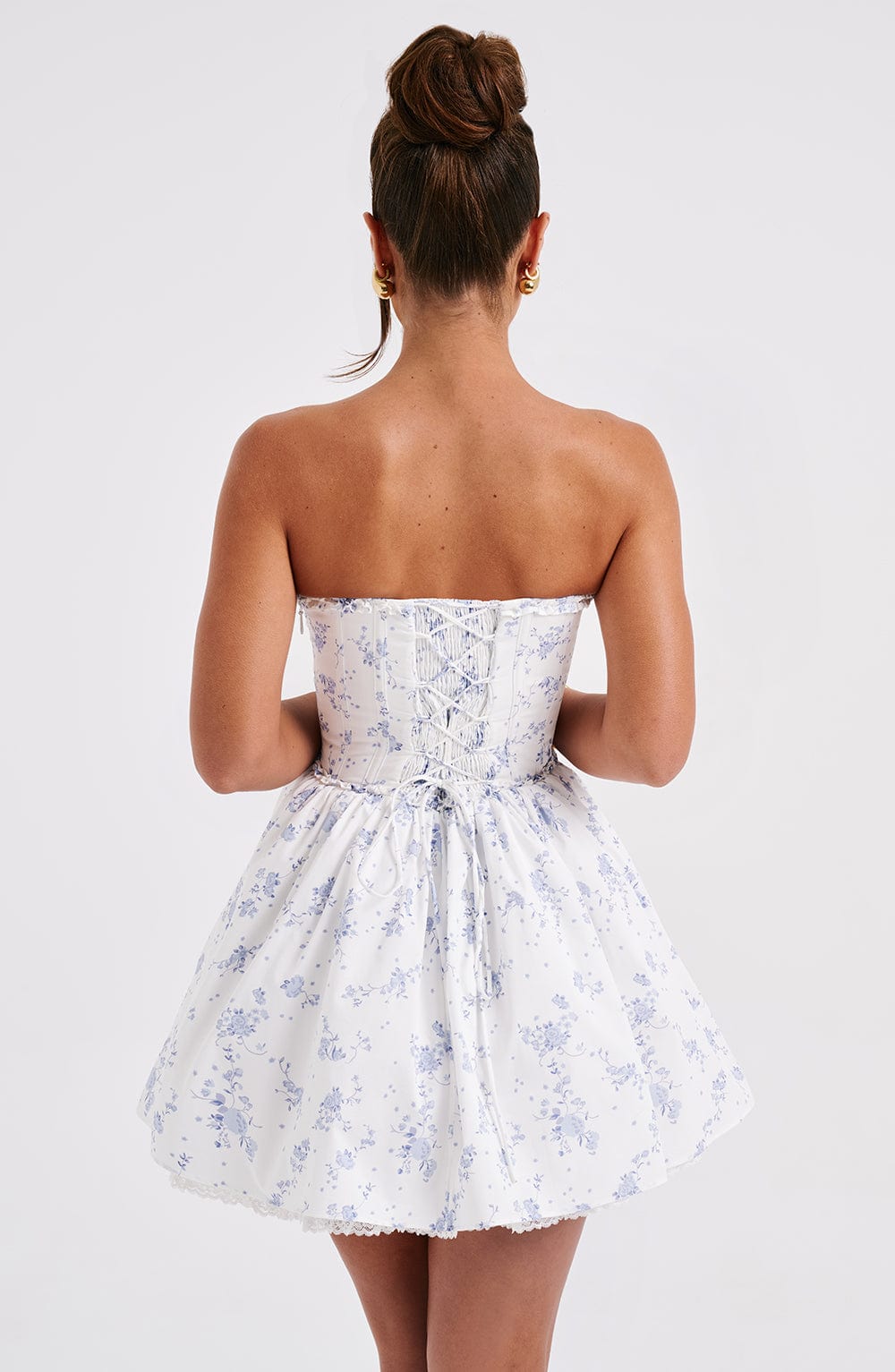 R.F Women's Dress Strapless Mini Blue Ditsy Cotton Party