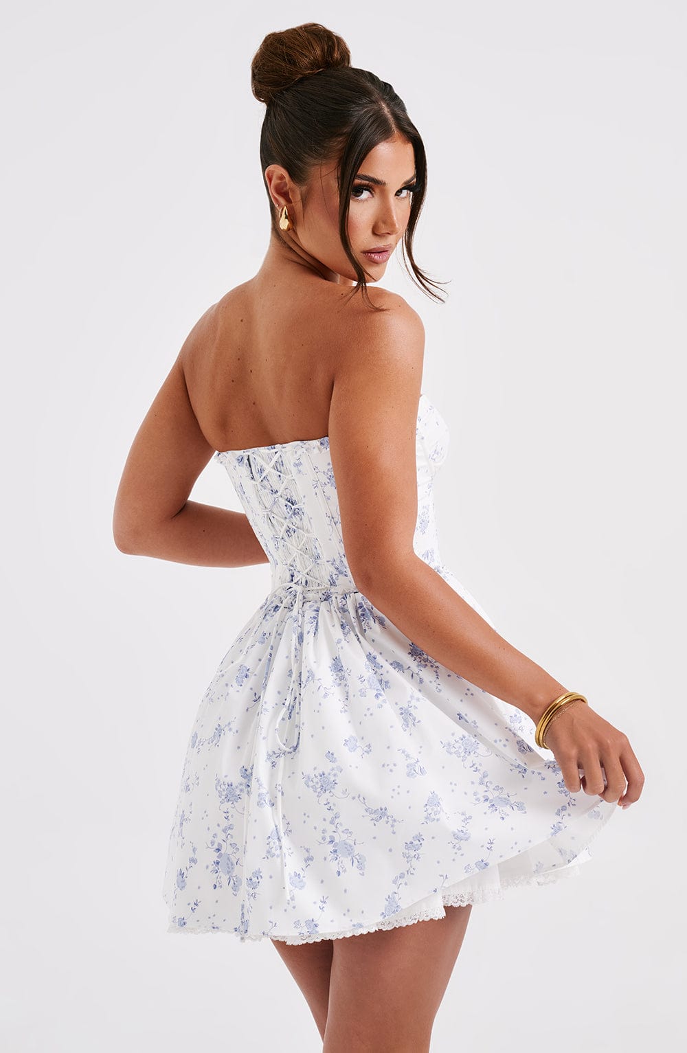 R.F Women's Dress Strapless Mini Blue Ditsy Cotton Party
