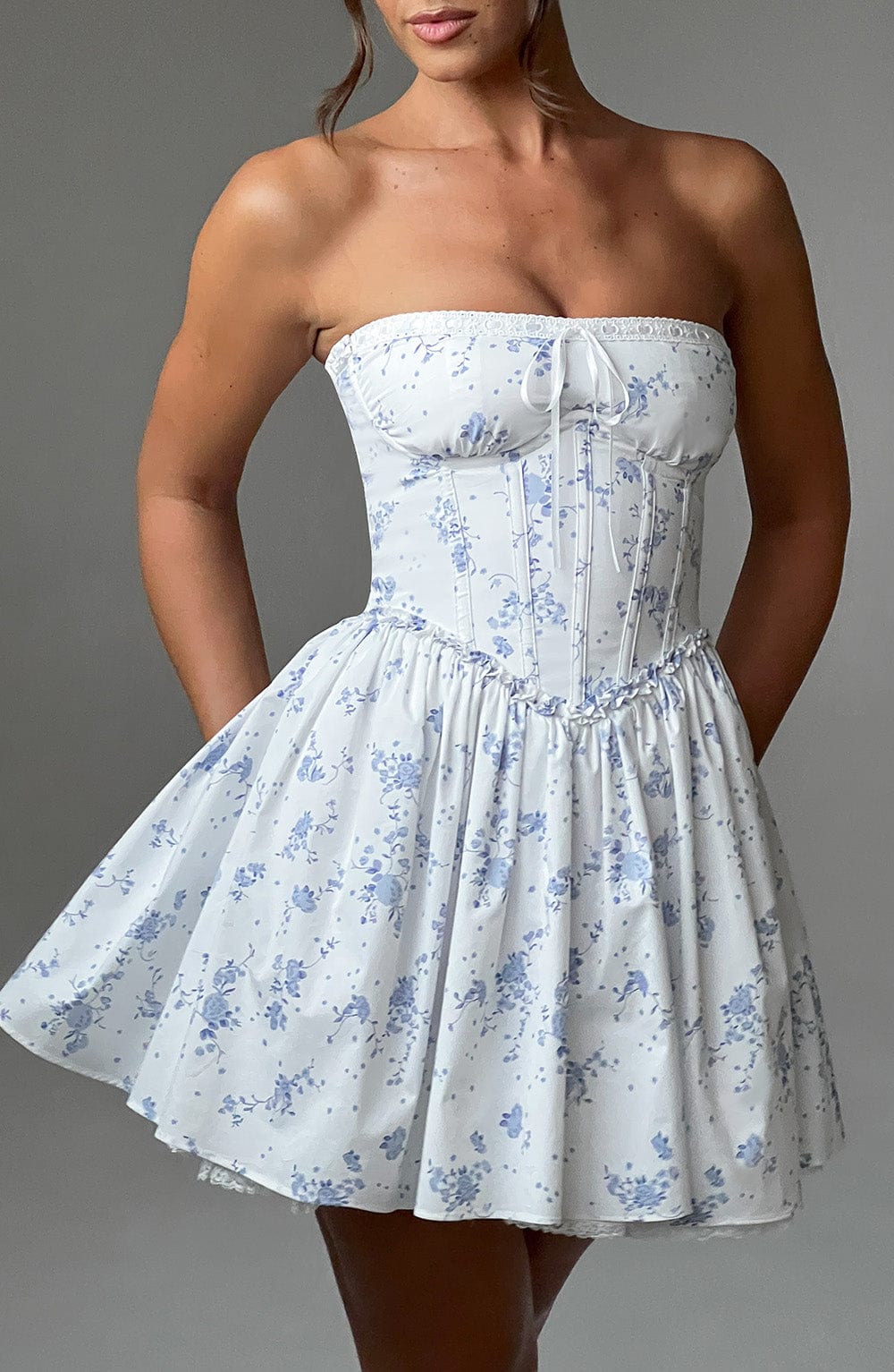R.F Women's Dress Strapless Mini Blue Ditsy Cotton Party