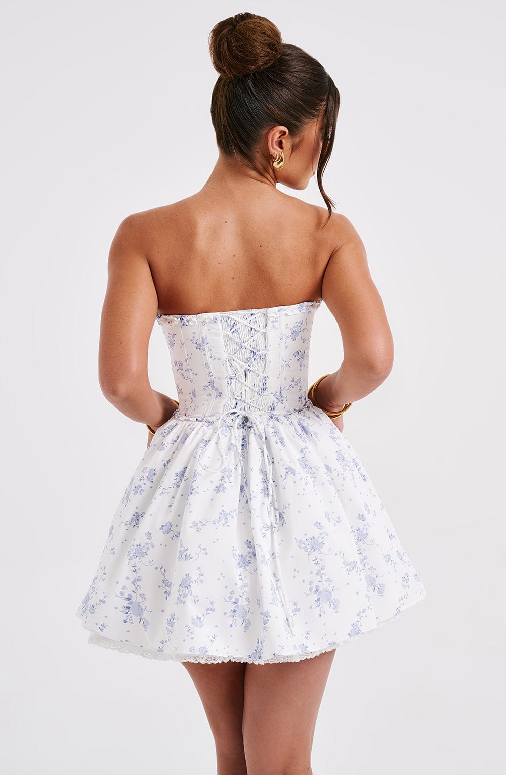 R.F Women's Dress Strapless Mini Blue Ditsy Cotton Party