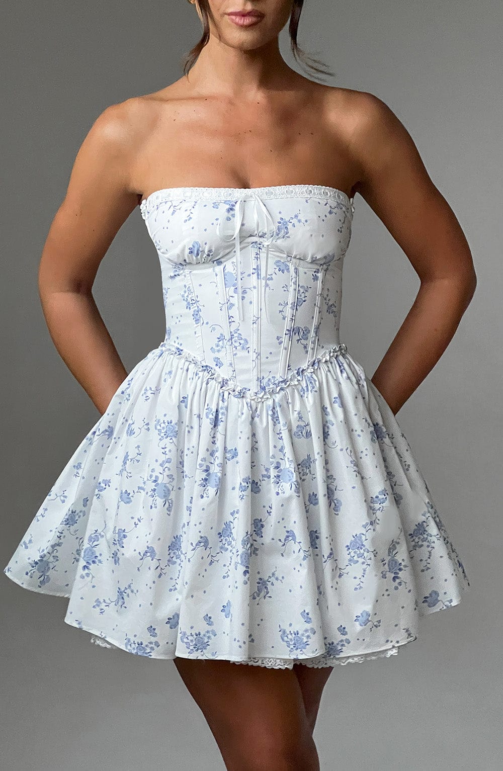 R.F Women's Dress Strapless Mini Blue Ditsy Cotton Party